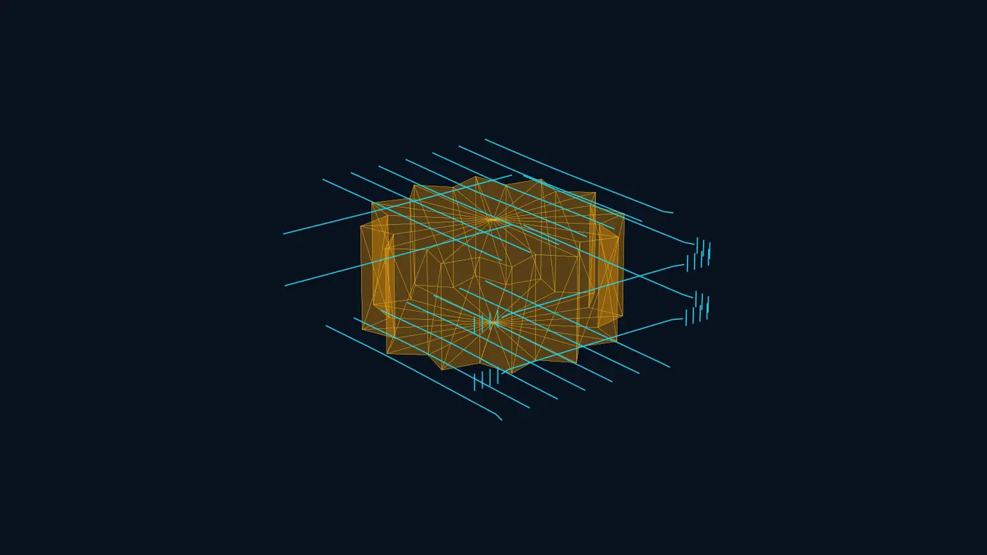 Cyan generated cooling channels surrounding a translucent orange gear cavity.