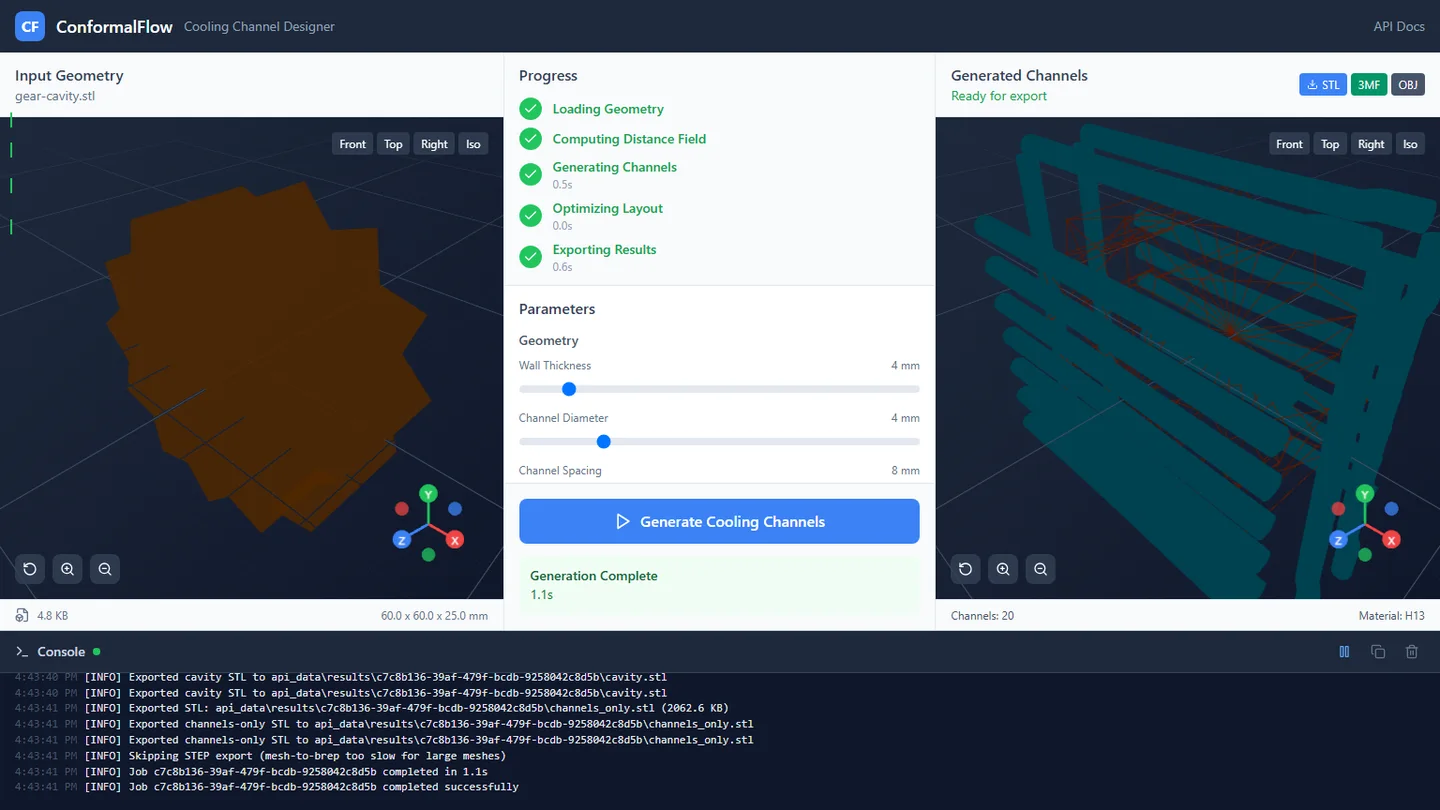 Completed ConformalFlow application showing the gear input, generated channels, progress stages, and export console.