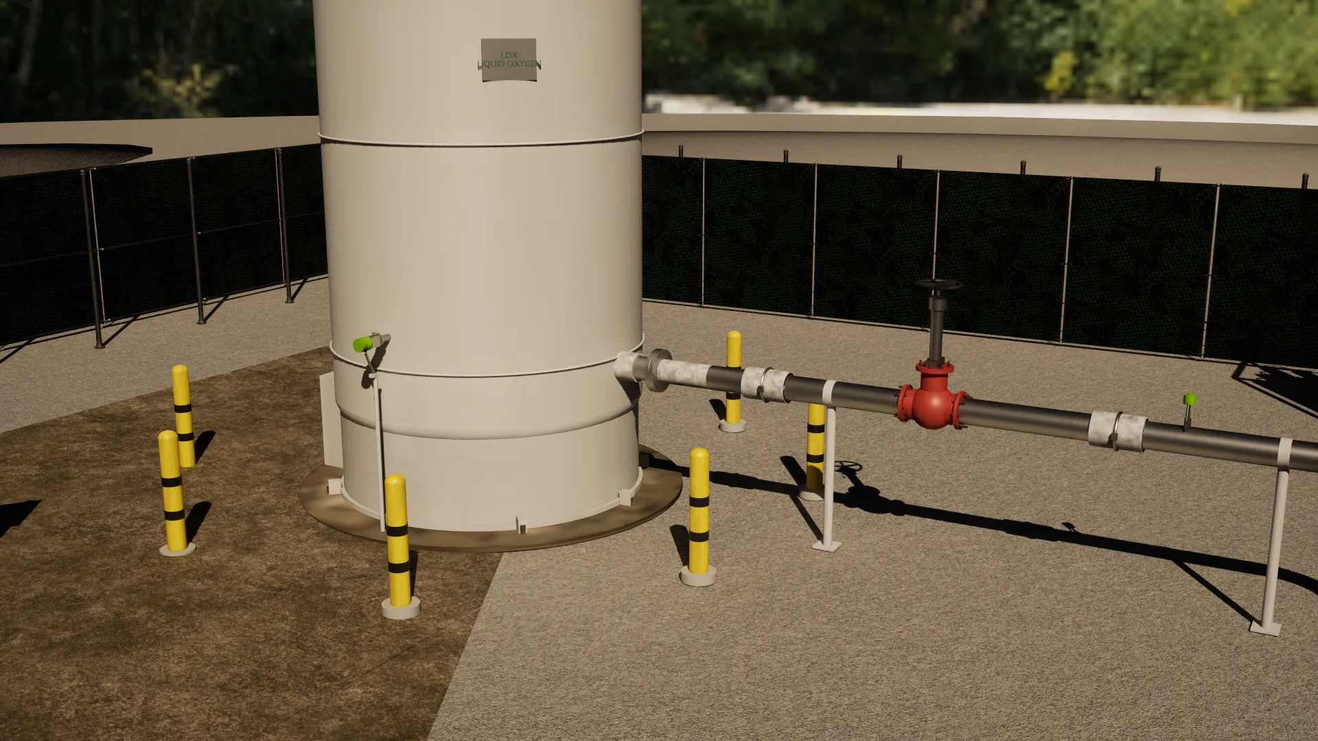 Photoreal synthetic Unreal Engine yard from the fixed CCTV-style camera: a white vertical liquid-oxygen storage tank on a concrete pad, a flanged transfer line with a red globe valve and instrument taps, yellow bollards, a chain-link fence and trees, with no vapour at the seam.
