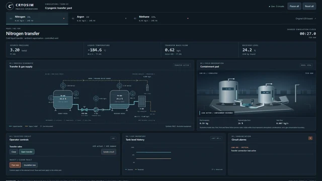 CryoSim nitrogen process page with live telemetry and operator controls.