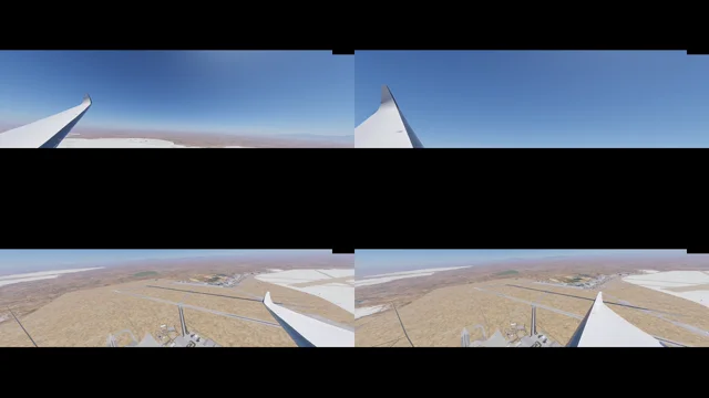 Four X-Plane simulator views from the recorded Goat Bridge orbit scenario.