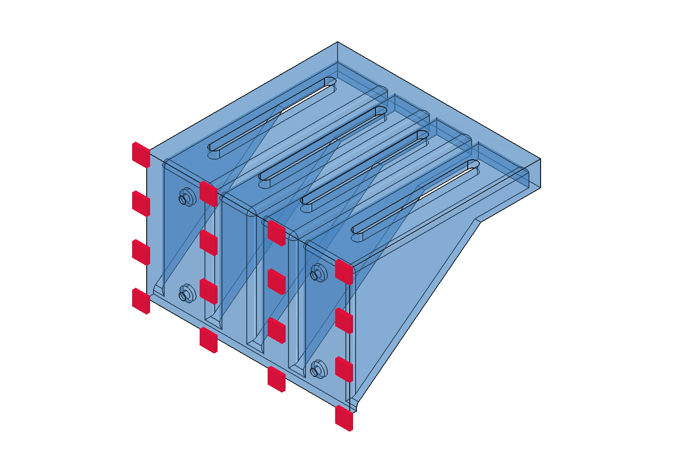 CalculiX setup render showing fixed constraint markers across the modeled shelf back face.