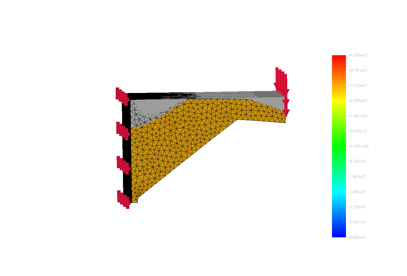 Exaggerated CalculiX deformation shape bending downward from the fixed wall face toward the front edge.