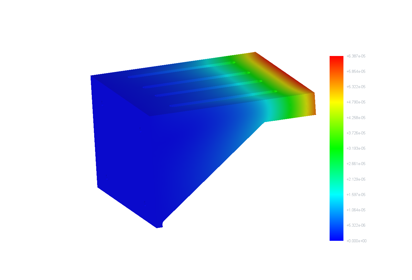CalculiX displacement field increasing from the fixed back face toward the shelf front edge.