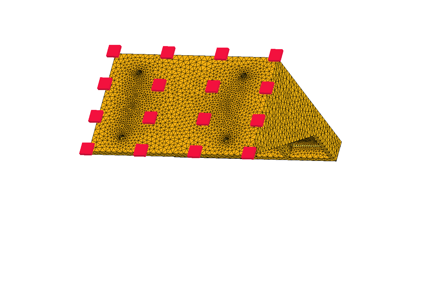 Underside view of the second-order tetrahedral FEM mesh across the shelf, side walls, and three internal gussets.