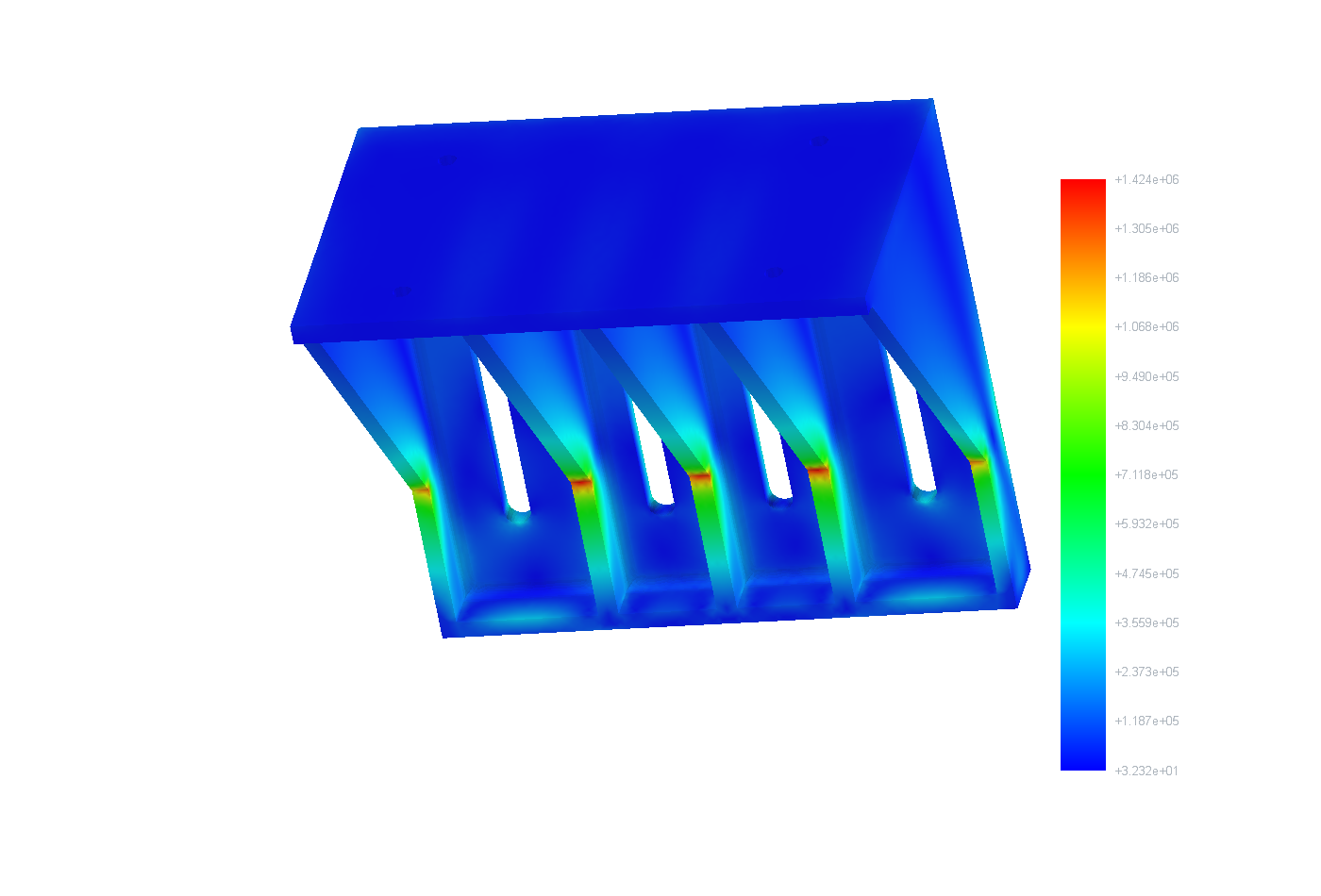 Underside von Mises stress field showing higher stress around the wall junction and gusset load paths.