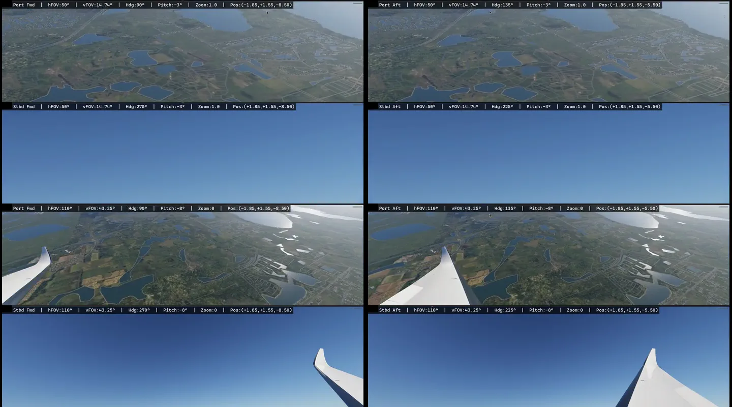 Stacked four-camera X-Plane composites comparing the 50-degree and 110-degree camera configurations during the same documented bank phase.