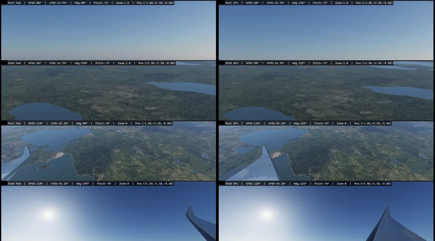 Stacked 50-degree and 110-degree four-camera composites during the opposite documented bank.